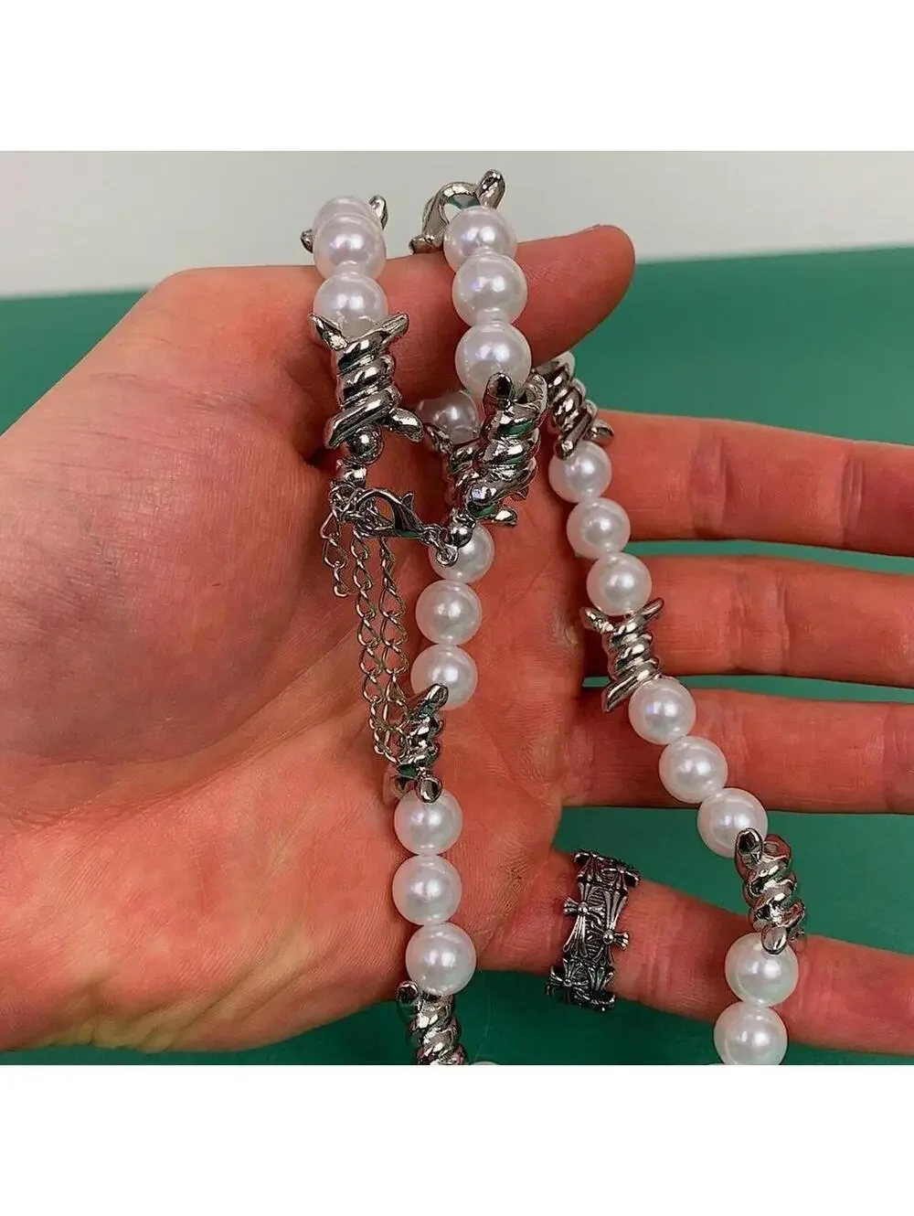 Pearl beaded barbwire necklace